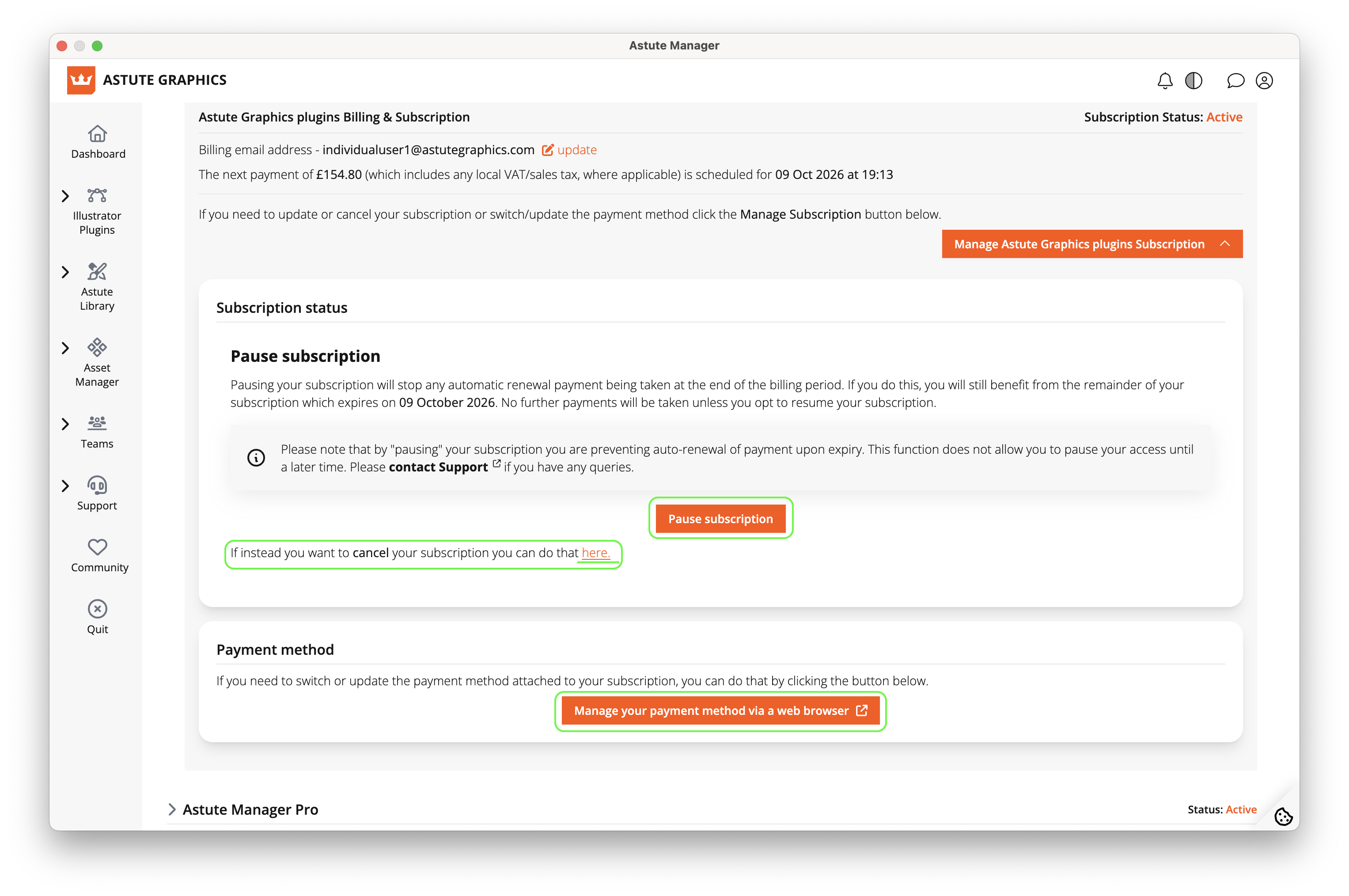 Astute Manager - Manage subscription