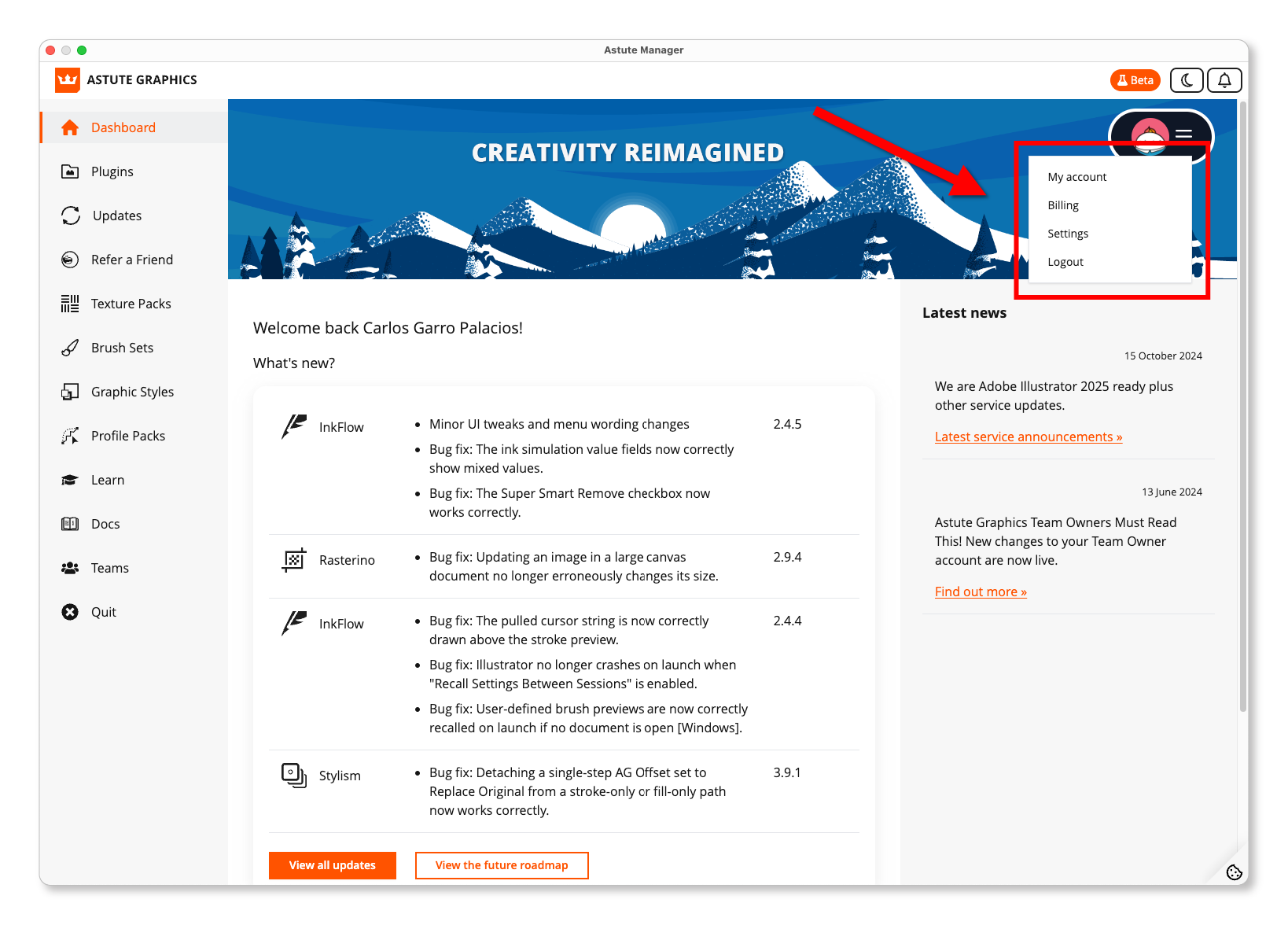 Locating the Settings Page within Astute Manager