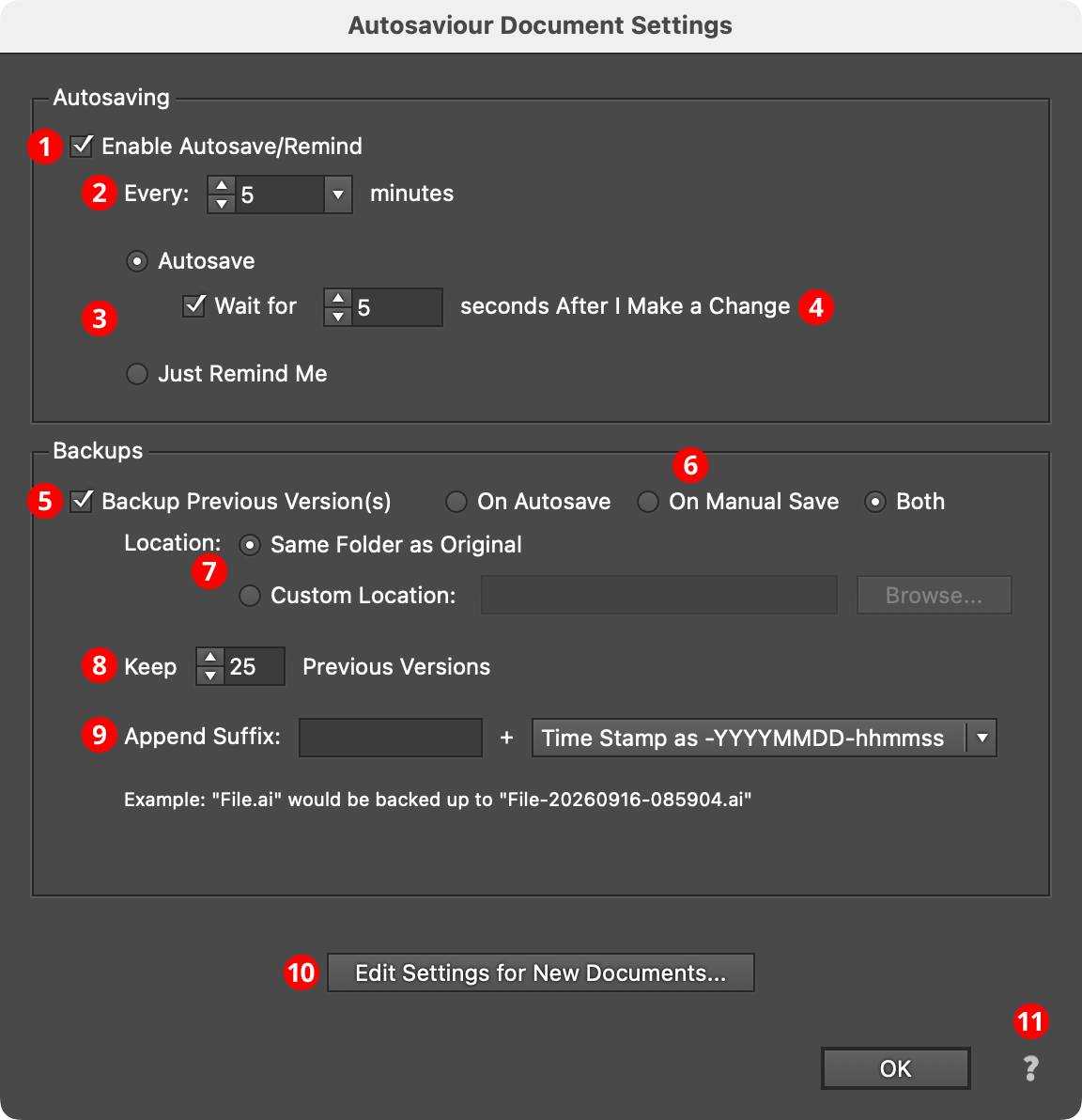 Autosaviour Document Settings Dialog