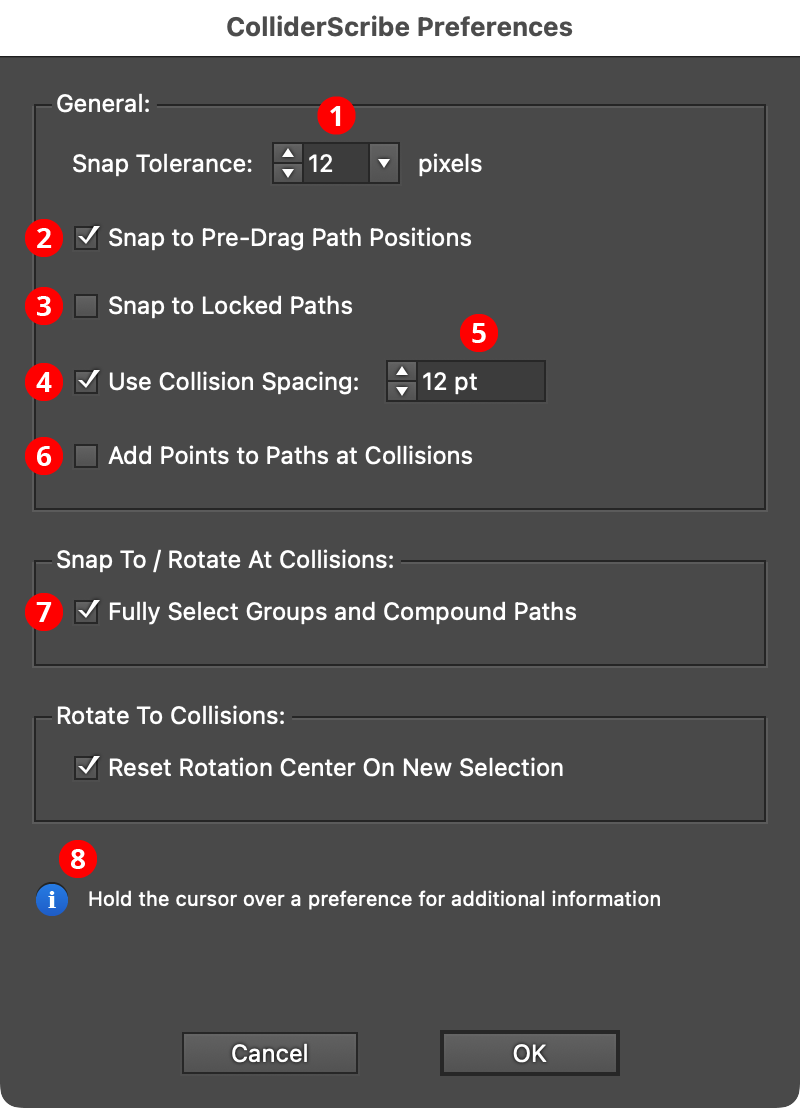 Snap to Collisions Tool Preferences Dialog