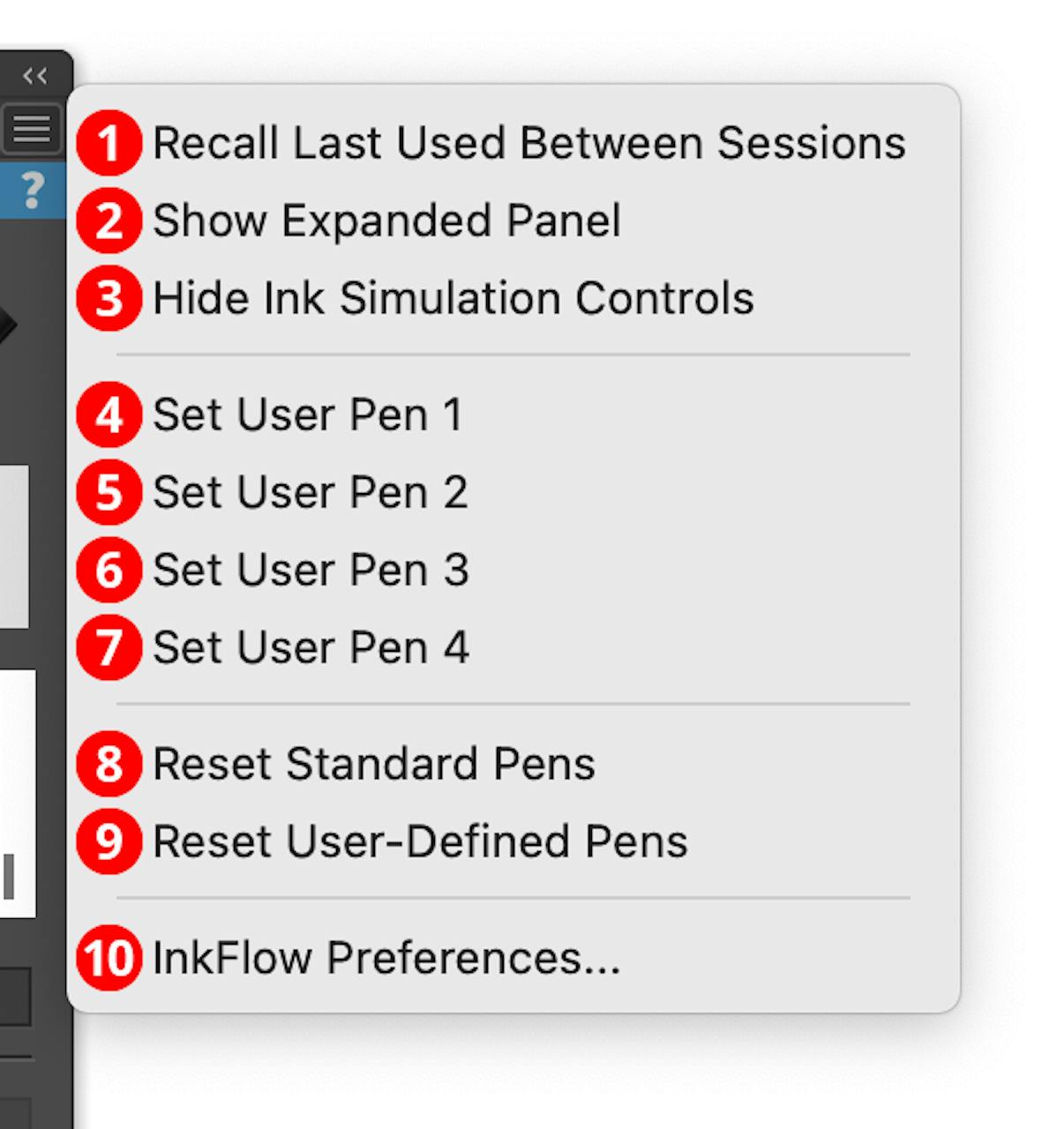 InkFlow Panel Flyout Menu | Astute Graphics Documentation