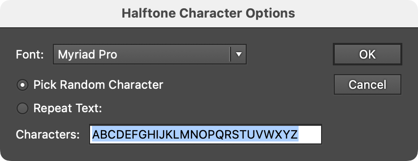 Phantasm Halftone Character Options Dialog