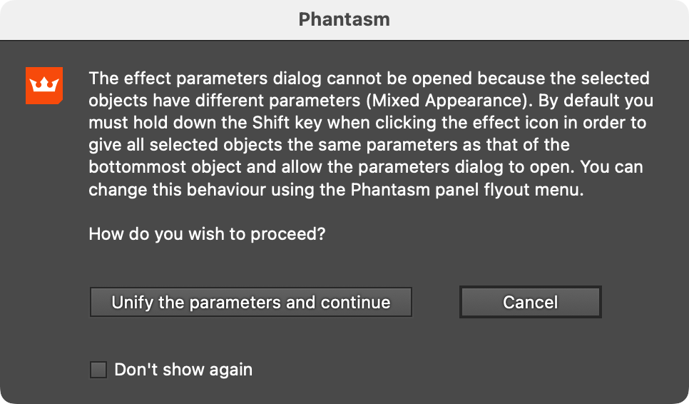 Phantasm Mixed Appearance Warning Dialog