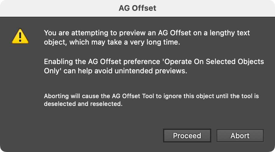 AG Offset Lengthy Text Object Warning