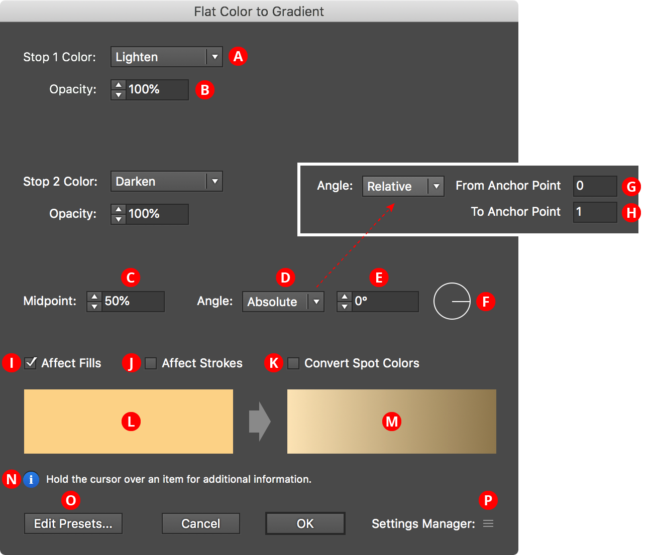 Gradiator Flat Color to Gradient Dialog Defaults