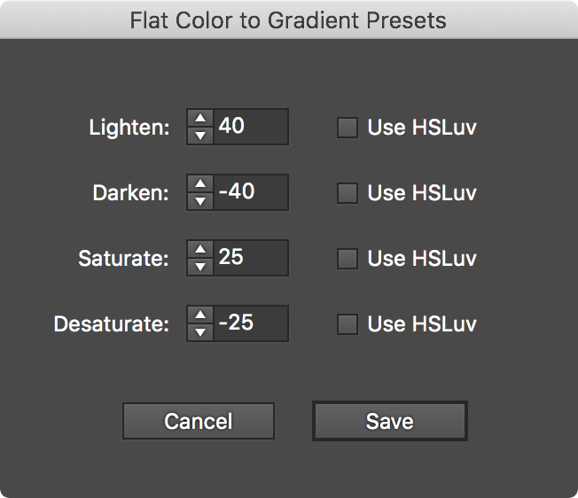 Gradiator Flat Color to Gradient Presets Dialog