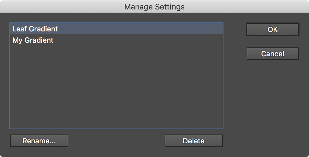 Gradiator Flat Color to Gradient Manage Settings Dialog