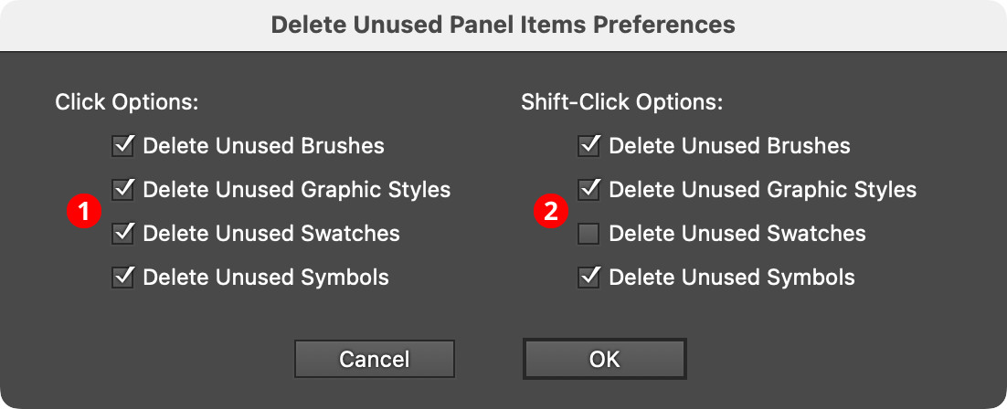 QuickOps Delete Unused Panel Items Preferences