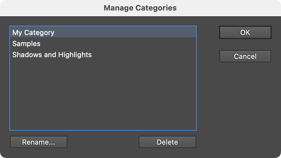 Texture Manager Manage Categories Dialog