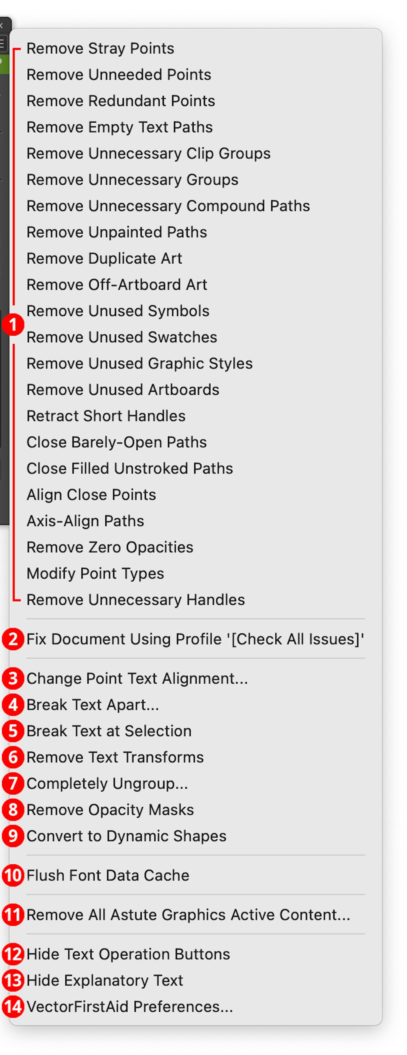 VectorFirstAid Panel Flyout Menu | Astute Graphics Documentation