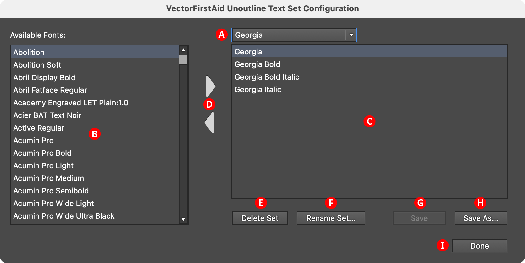 VectorFirstAid Unoutline Text Set Configuration Dialog