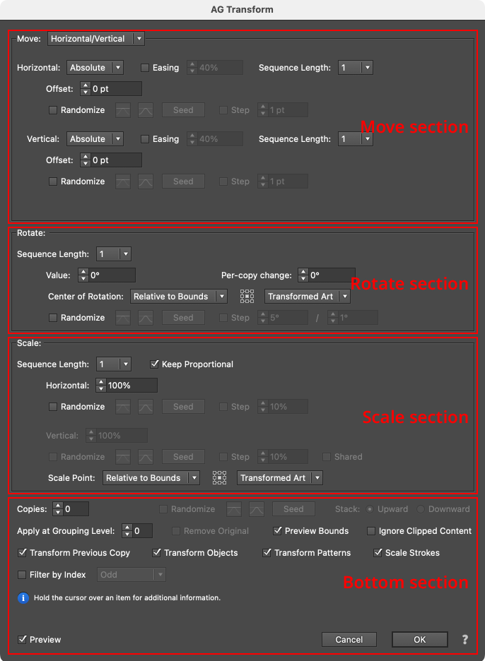 AG Transform Parameters Dialog Sections