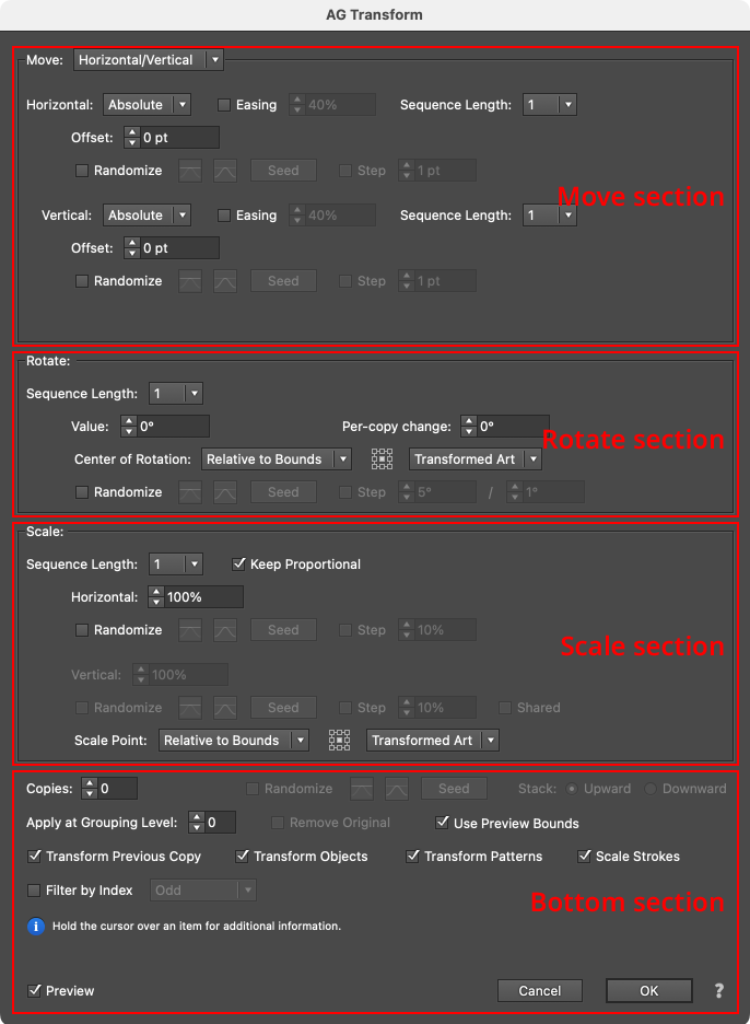AG Transform Parameters Dialog Sections