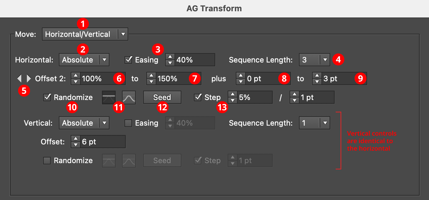 AG Transform Parameters Dialog: Move Section (Horizontal, Vertical)