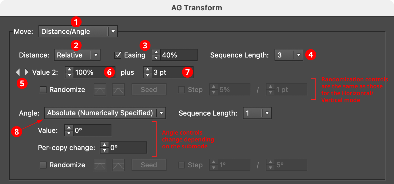 AG Transform Parameters Dialog, Move Section (Distance Angle)