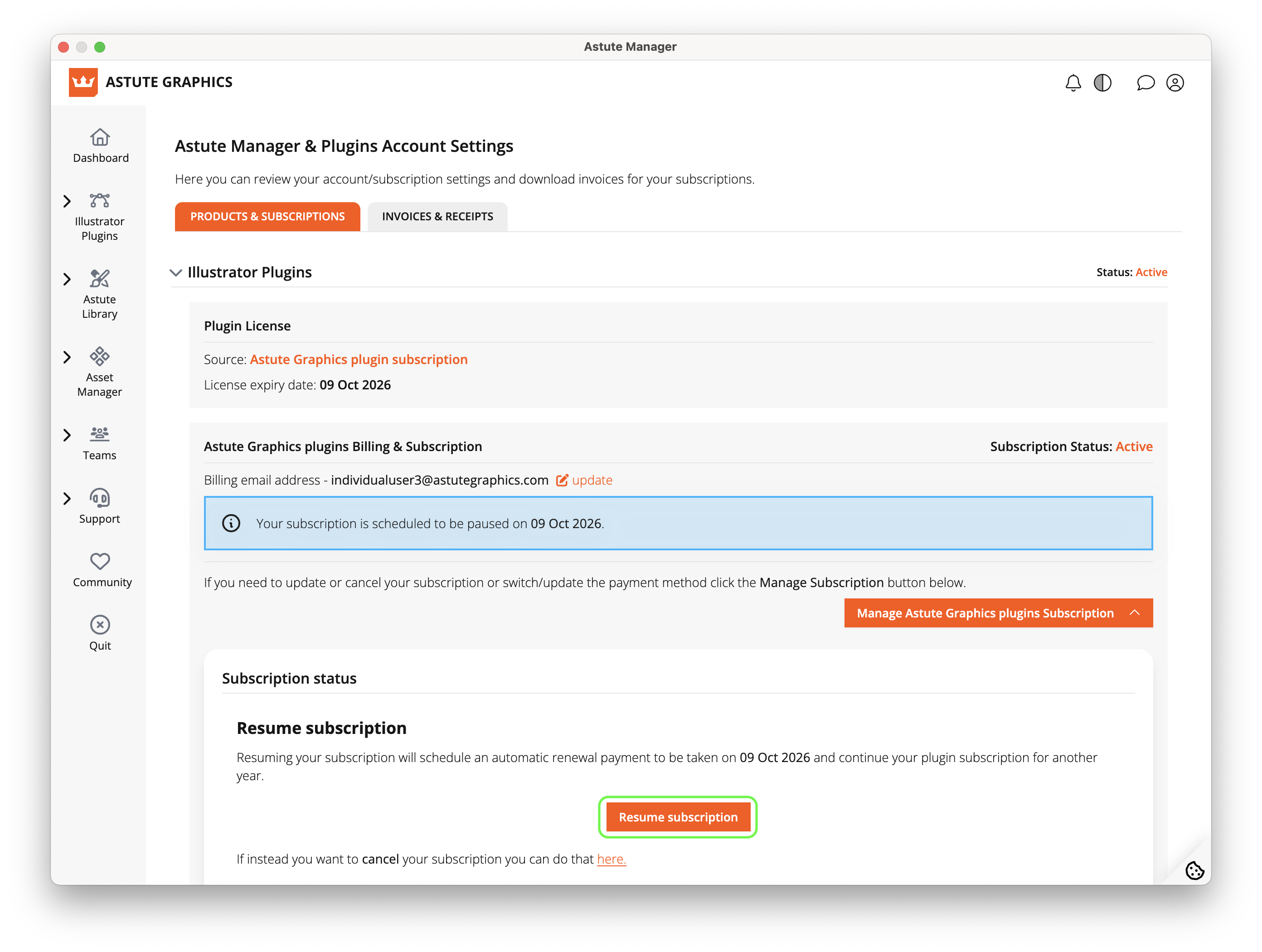 Subscription - Resume plugin subscription