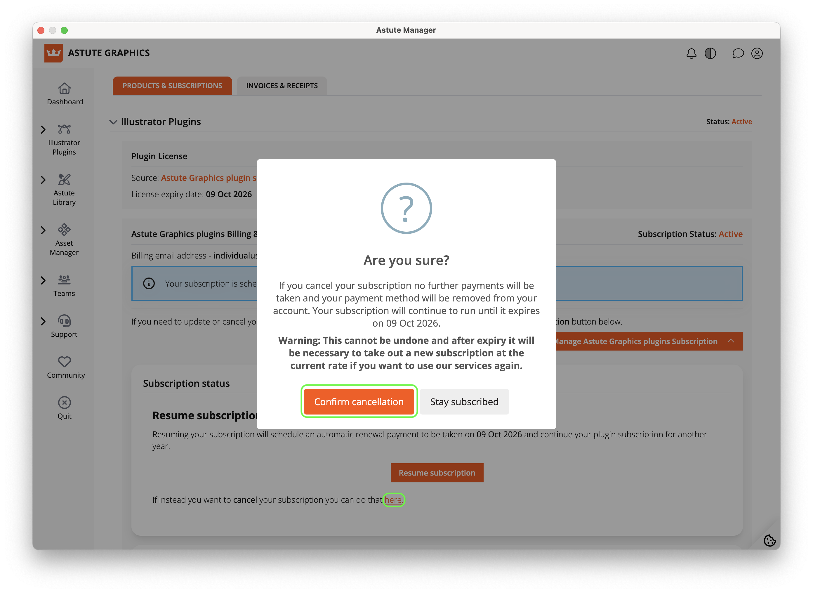 Subscription - Cancel plugin subscription