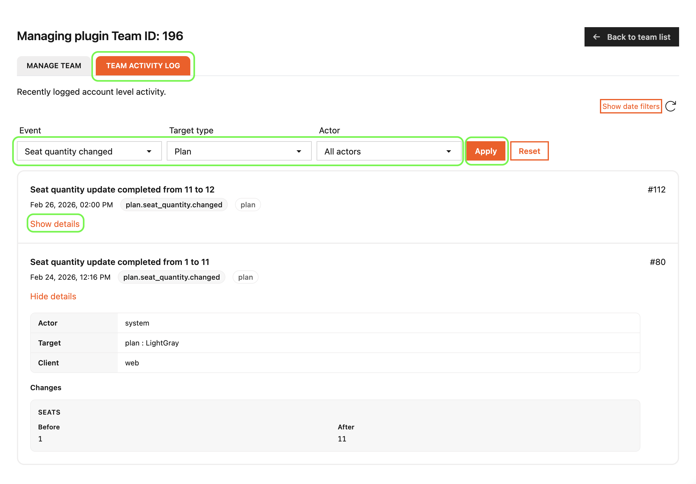 Plugin activity log - overview